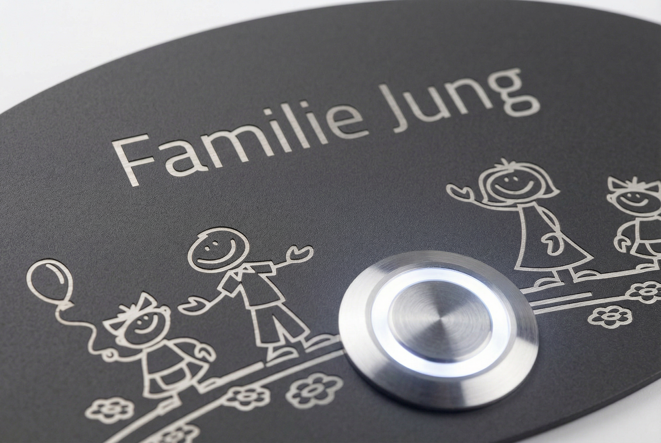 Detailaufnahme des Türklingelschilds „Rom“ in Anthrazit mit Familienmotiv, LED-Taster und Beschriftung „Familie Jung“.