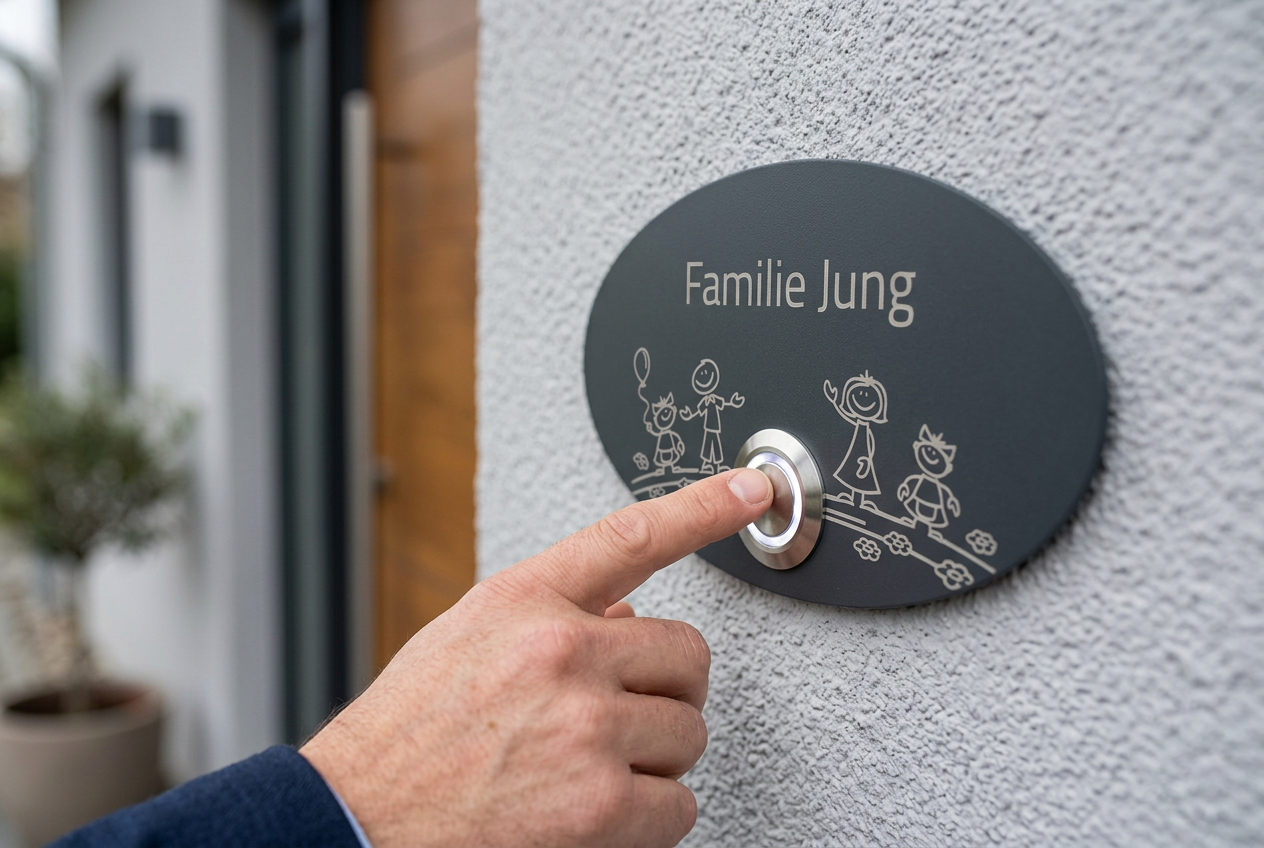 Hand drückt personalisiertes Türklingelschild „Rom“ in Anthrazit mit Familienmotiv, Edelstahl-Taster und Beschriftung „Familie Jung“.
