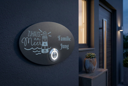 Türklingelschild „Rom“ in Anthrazit mit UV-Druck, LED-Taster und maritimem Motiv am Hauseingang bei Abendbeleuchtung.