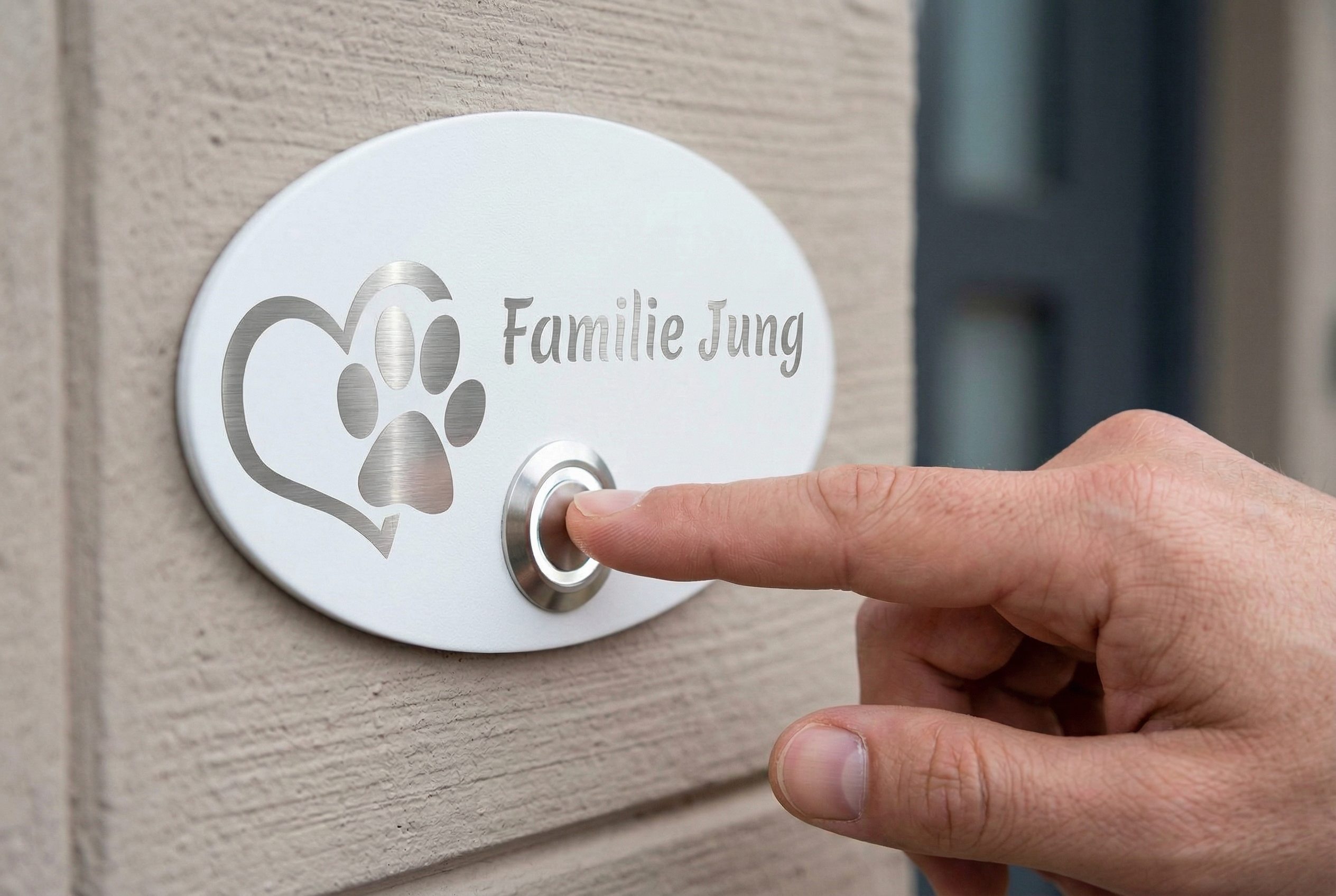 Hand drückt personalisiertes Türklingelschild „Rom“ in Weiß mit Pfotenmotiv, Edelstahl-Taster und Beschriftung „Familie Jung“.