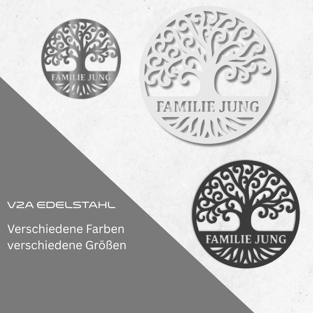 Übersichtsgrafik: Lebensbaum-Wandschilder aus V2A Edelstahl in verschiedenen Farben – Edelstahl, weiß oder anthrazit pulverbeschichtet – mit Wunschtext personalisierbar, in mehreren Größen erhältlich


