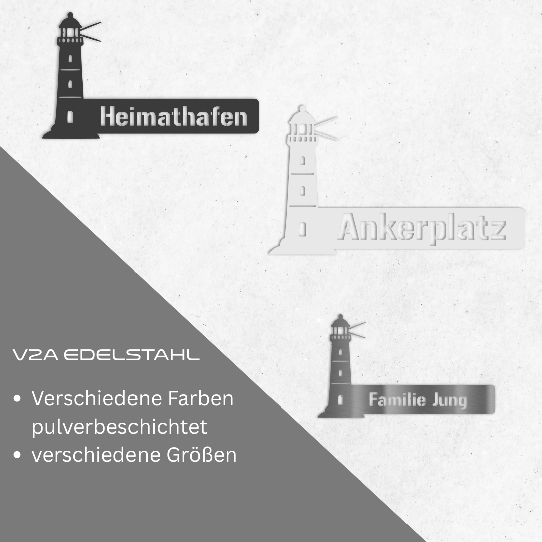 Übersichtsgrafik: Leuchtturm-Schilder aus V2A Edelstahl in verschiedenen Varianten – Heimathafen, Ankerplatz und personalisierbar mit Name – erhältlich in weiß, anthrazit oder Edelstahl, pulverbeschichtet, in mehreren Größen
