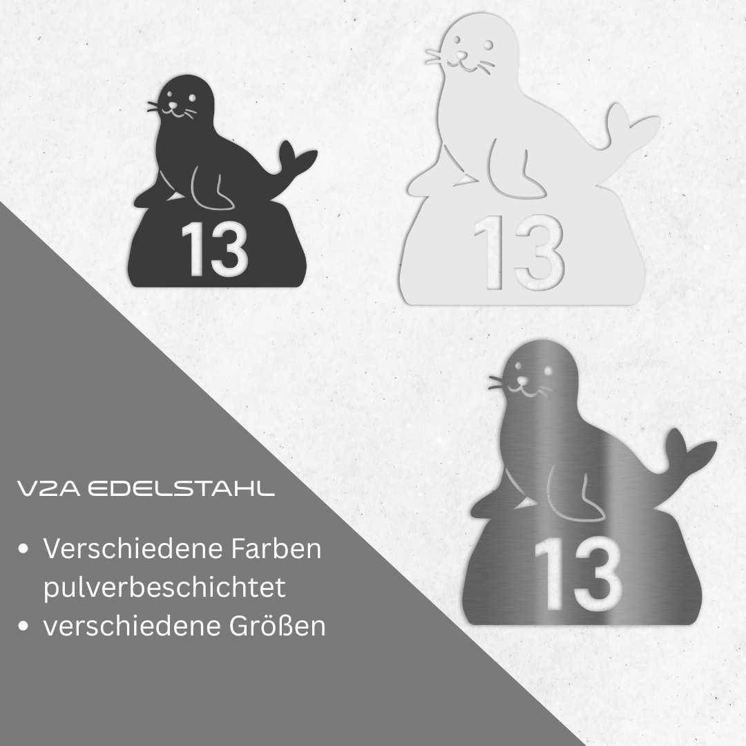 Übersichtsgrafik: Seehund-Hausnummer aus hochwertigem V2A Edelstahl – wahlweise anthrazit oder weiß pulverbeschichtet – in mehreren Größen erhältlich, rostfrei und wetterfest
