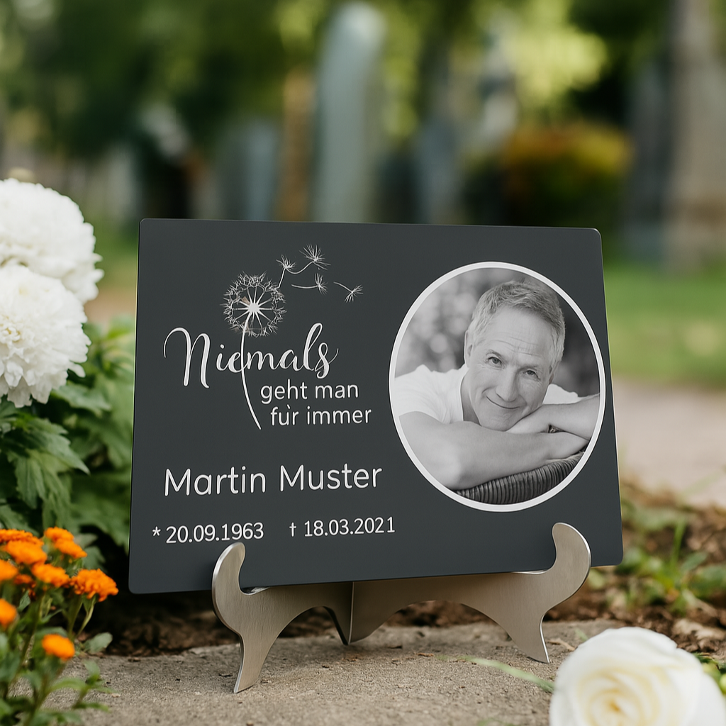 Persönliche Gedenktafel für Martin Muster, präsentiert auf V2A Edelstahlständer im Friedhofsgarten
