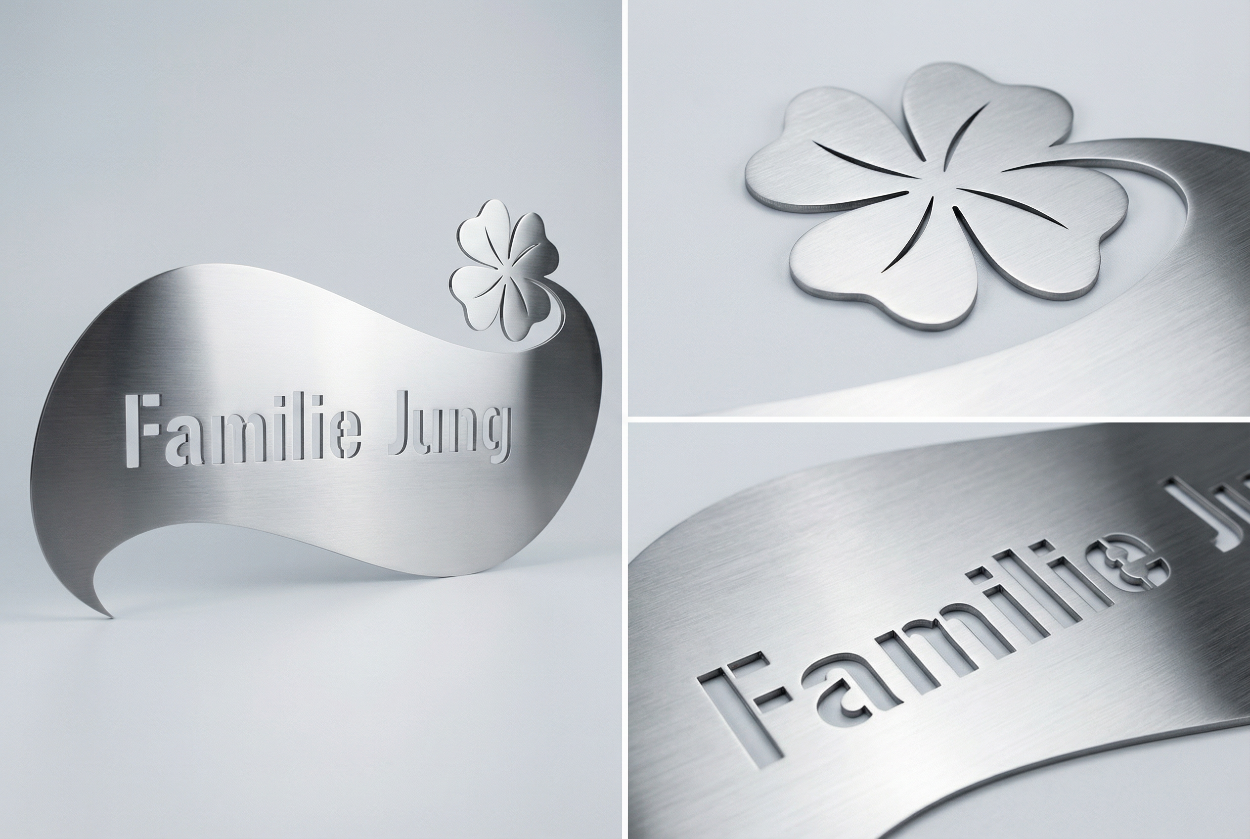  V2A Edelstahl Türschild Glückskleeblatt - 3-teilige Produktcollage mit Gravur