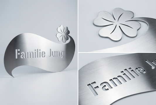  V2A Edelstahl Türschild Glückskleeblatt - 3-teilige Produktcollage mit Gravur