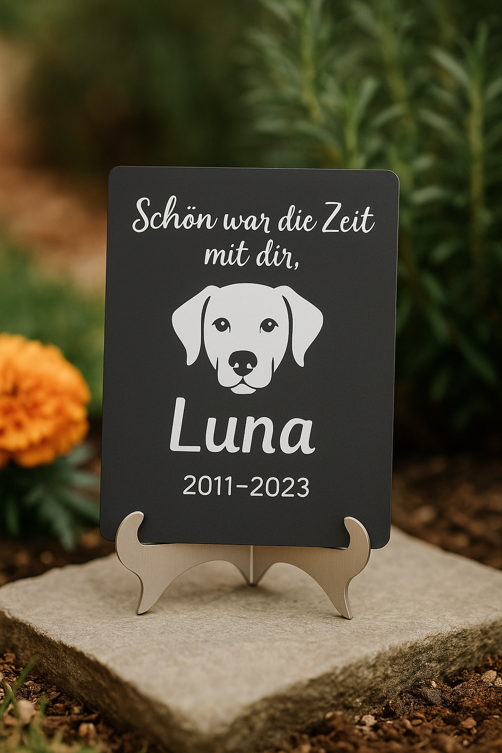 Gedenktafel für Hund Luna auf V2A Edelstahl-Schilderständer – auf Grabstein mit Blume platziert
