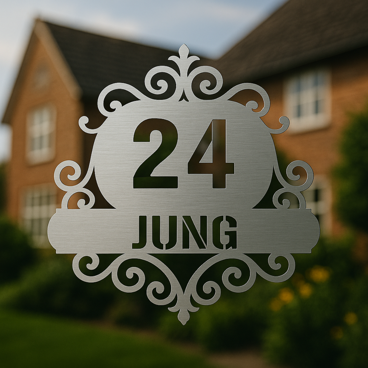 Hochwertige Hausnummer aus V2A Edelstahl mit floralem Design – witterungsbeständiges Premiumschild für Fassade oder Hauseingang
