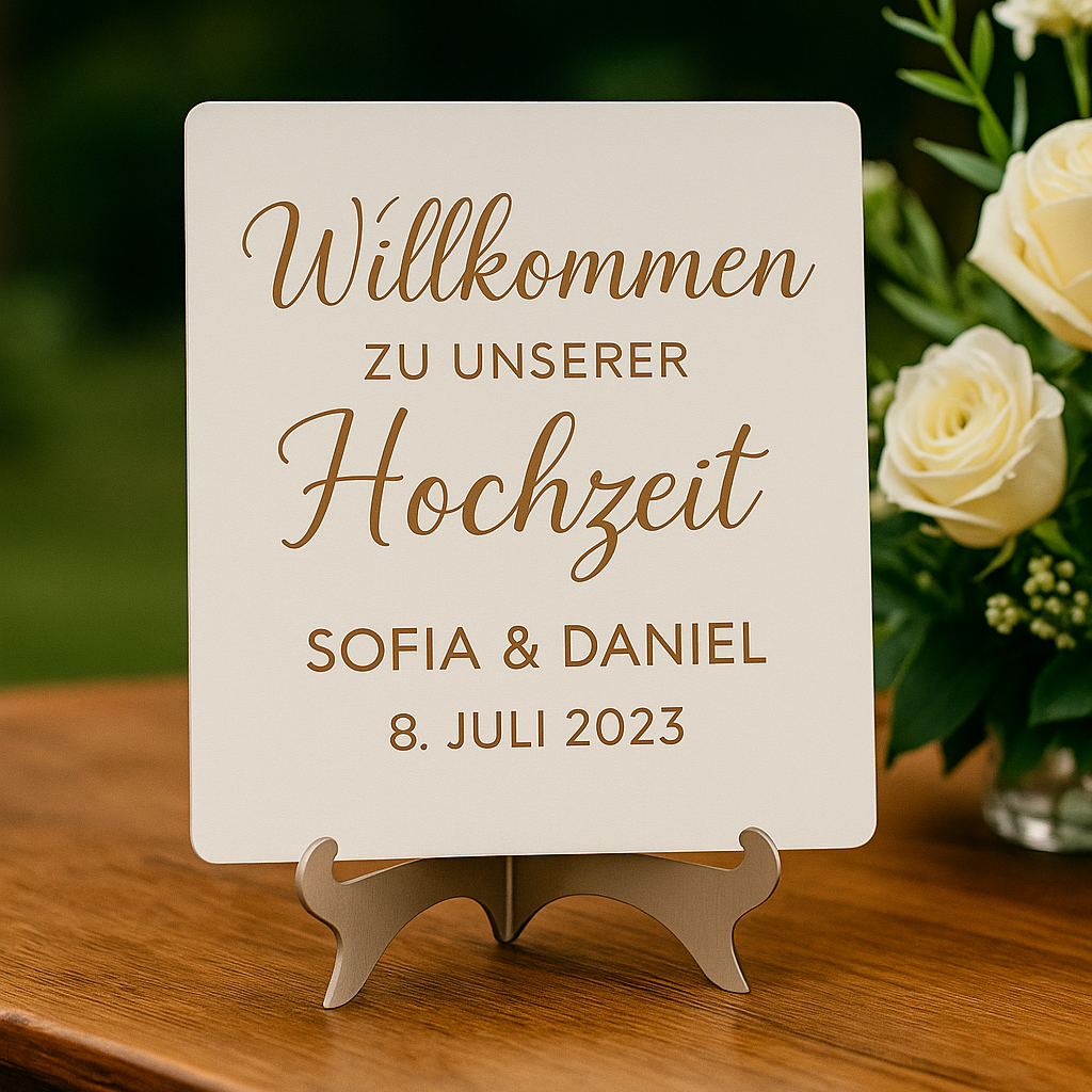 Willkommensschild zur Hochzeit auf Tisch, gehalten vom Schilderständer aus echtem V2A Edelstahl
