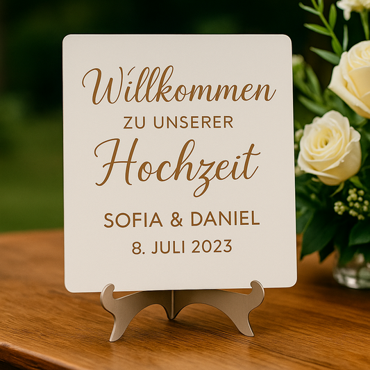 Willkommensschild zur Hochzeit auf Tisch, gehalten vom Schilderständer aus echtem V2A Edelstahl
