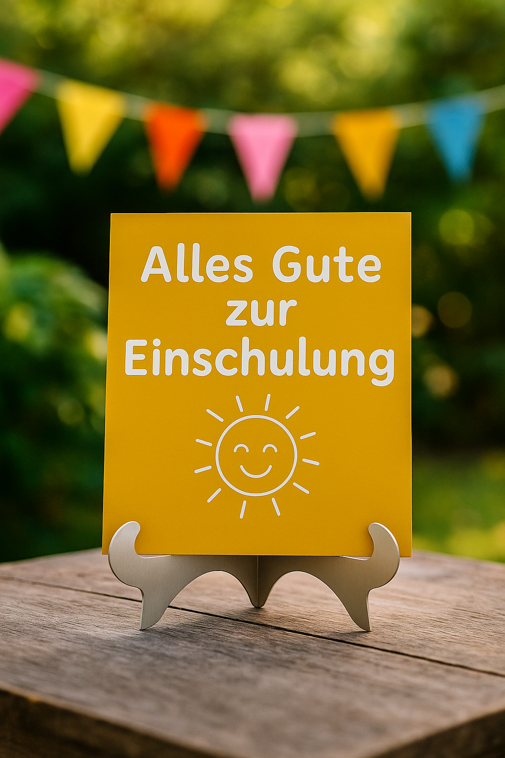 Schilderständer aus V2A Edelstahl mit gelbem Einschulungsschild – dekorativ auf einem Holztisch mit Wimpelkette
