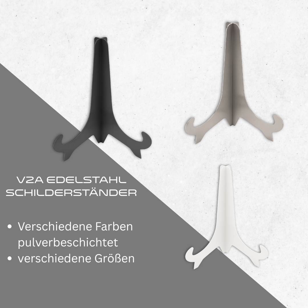 Infografik mit drei V2A Edelstahl Schilderständern inEdelstahl geschliffen, Anthrazit und Weiß – pulverbeschichtet, in zwei Größen erhältlich