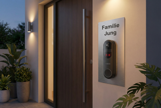 Modernes V2A Edelstahl Türschild an der Hauswand mit Reolink Video Türklingel, personalisiert mit „Familie Jung“ an einer modernen Haustür bei Abendlicht
