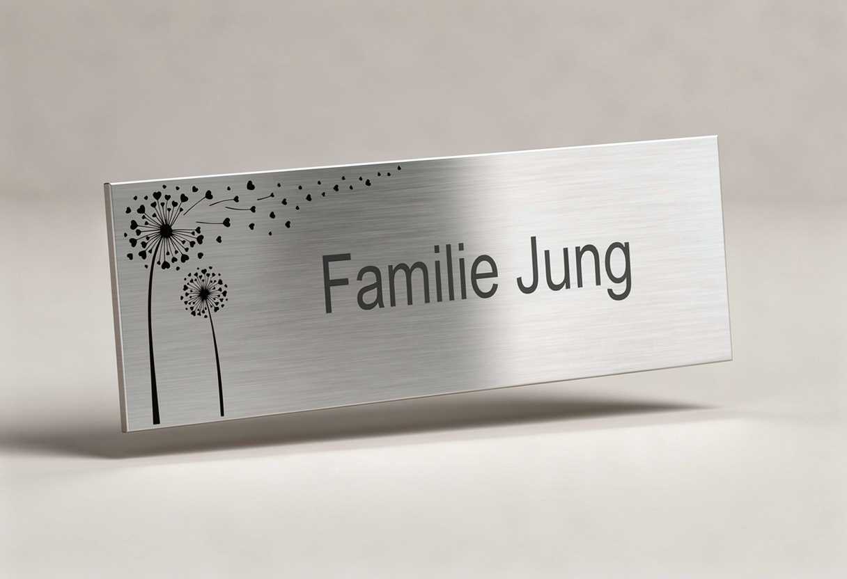 Hochwertiges V2A Edelstahlschild mit Pusteblume und Familienname in moderner Frontansicht.