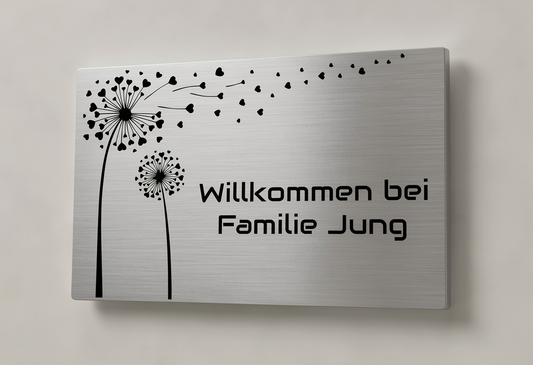 Frontale Ansicht eines personalisierten V2A Edelstahlschilds mit Pusteblume an weißer Wand.