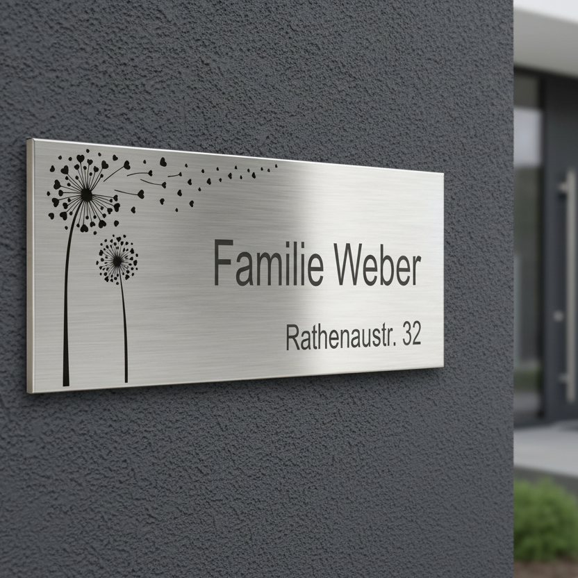 V2A Edelstahlschild mit Pusteblume an moderner Hauswand in Anthrazit, mit Familienname und Straße.