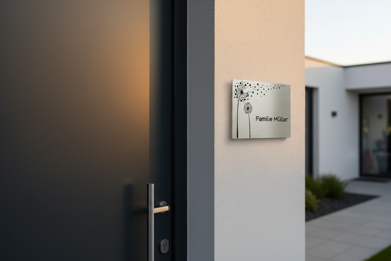 Edelstahlschild mit Pusteblumen-Motiv an moderner Hauswand im warmen Abendlicht.