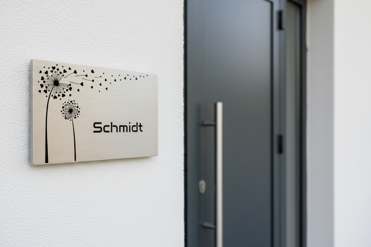 Edelstahlschild mit Pusteblumen-Motiv an weißer Hauswand neben moderner Haustür.
