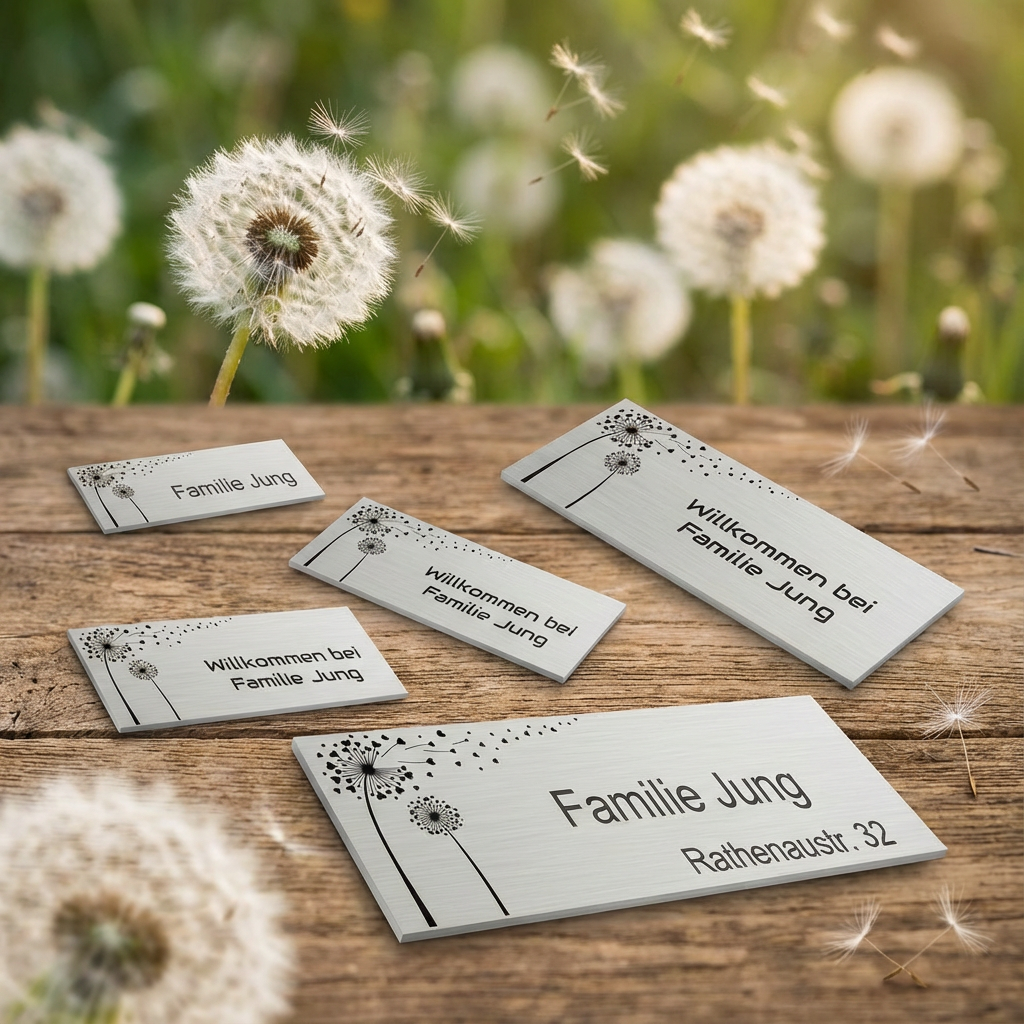 Hochwertiges V2A Edelstahlschild mit Pusteblumen-Motiv auf Holzterrasse, individuell personalisierbar.