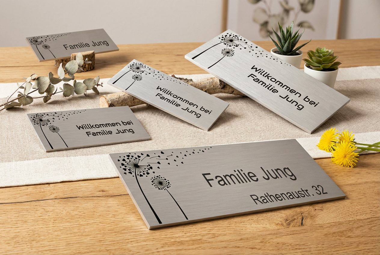 Edelstahlschild mit Pusteblumen-Motiv und Wunschtext auf Holztisch mit Deko arrangiert.