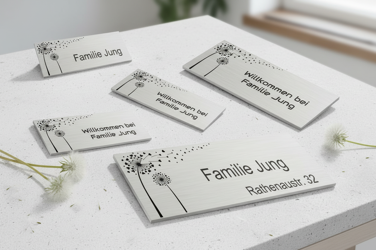 Personalisiertes V2A Edelstahlschild mit Pusteblume auf heller Terrasse dekorativ arrangiert.