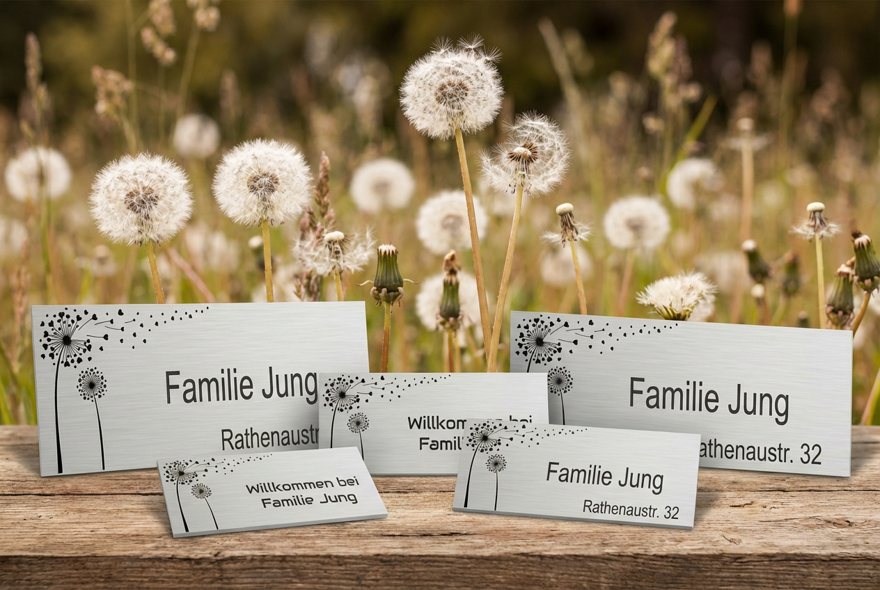 Personalisierbares V2A Edelstahlschild mit Pusteblumen-Motiv als Lifestyle-Szene auf einer Wiese.