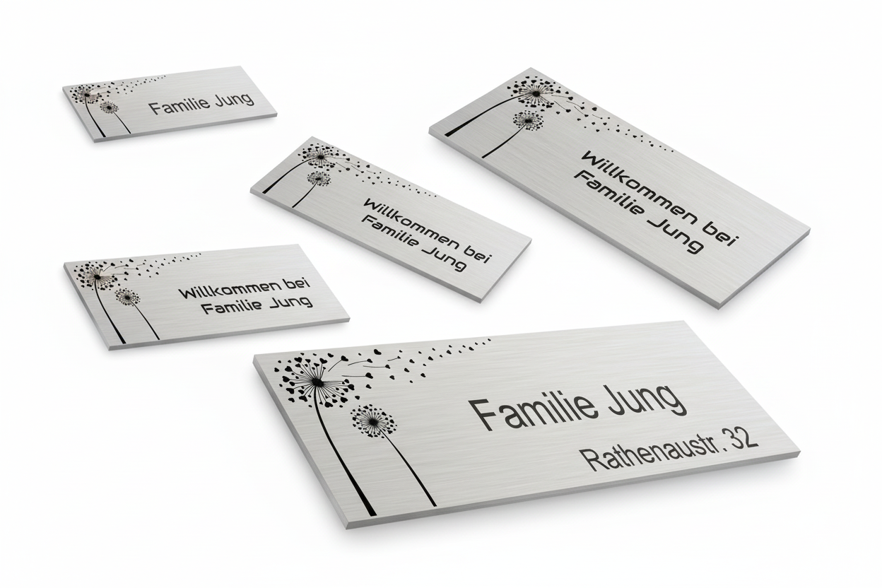 Set aus verschiedenen V2A Edelstahlschildern mit Pusteblume als Freisteller auf weißem Hintergrund.