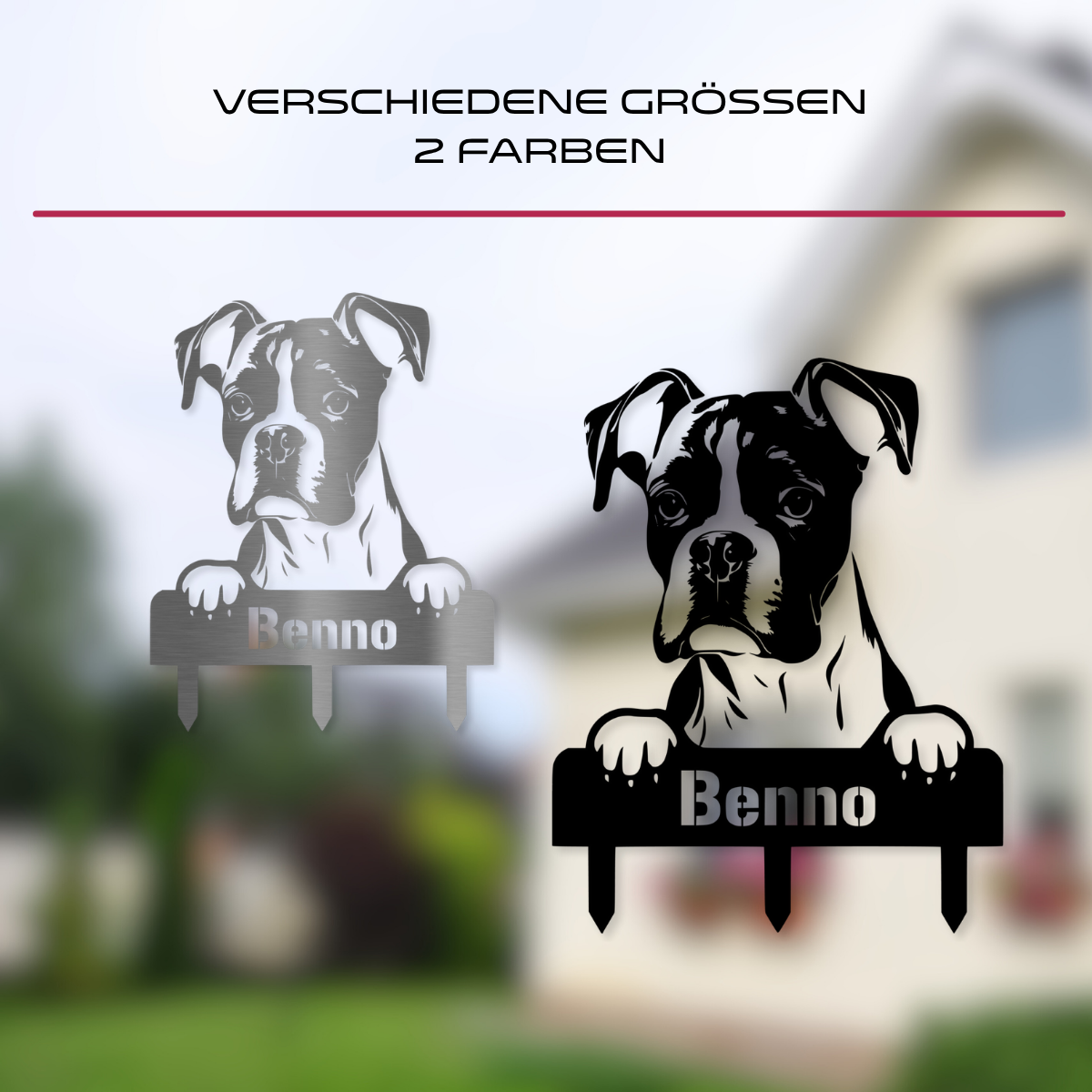 Gartenstecker Boxer Benno in Edelstahl und Schwarz – erhältlich in 20 bis 70 cm Größe
