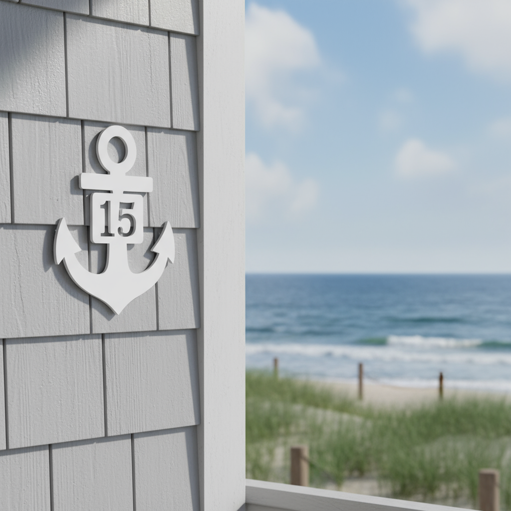 Weiße Anker-Hausnummer an Küstenhaus