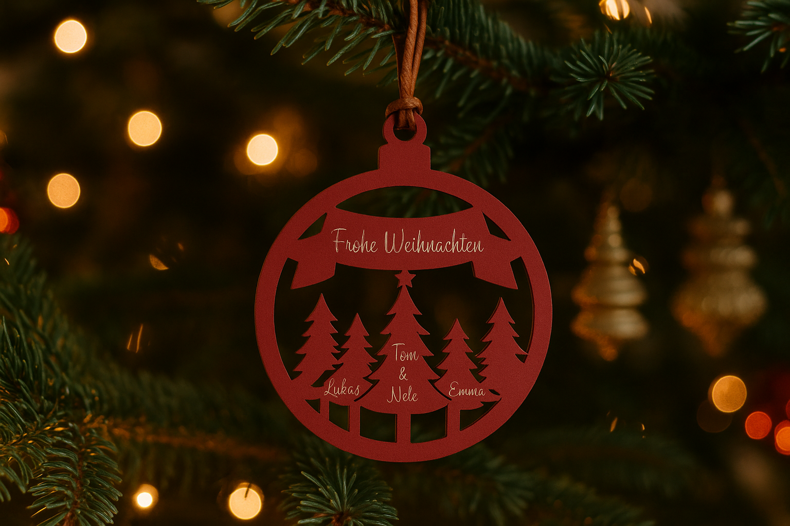 Rote Edelstahl-Weihnachtskugel mit Gravur ‚Frohe Weihnachten‘ und Familiennamen, hängend am Weihnachtsbaum mit warmen Lichtern im Hintergrund.