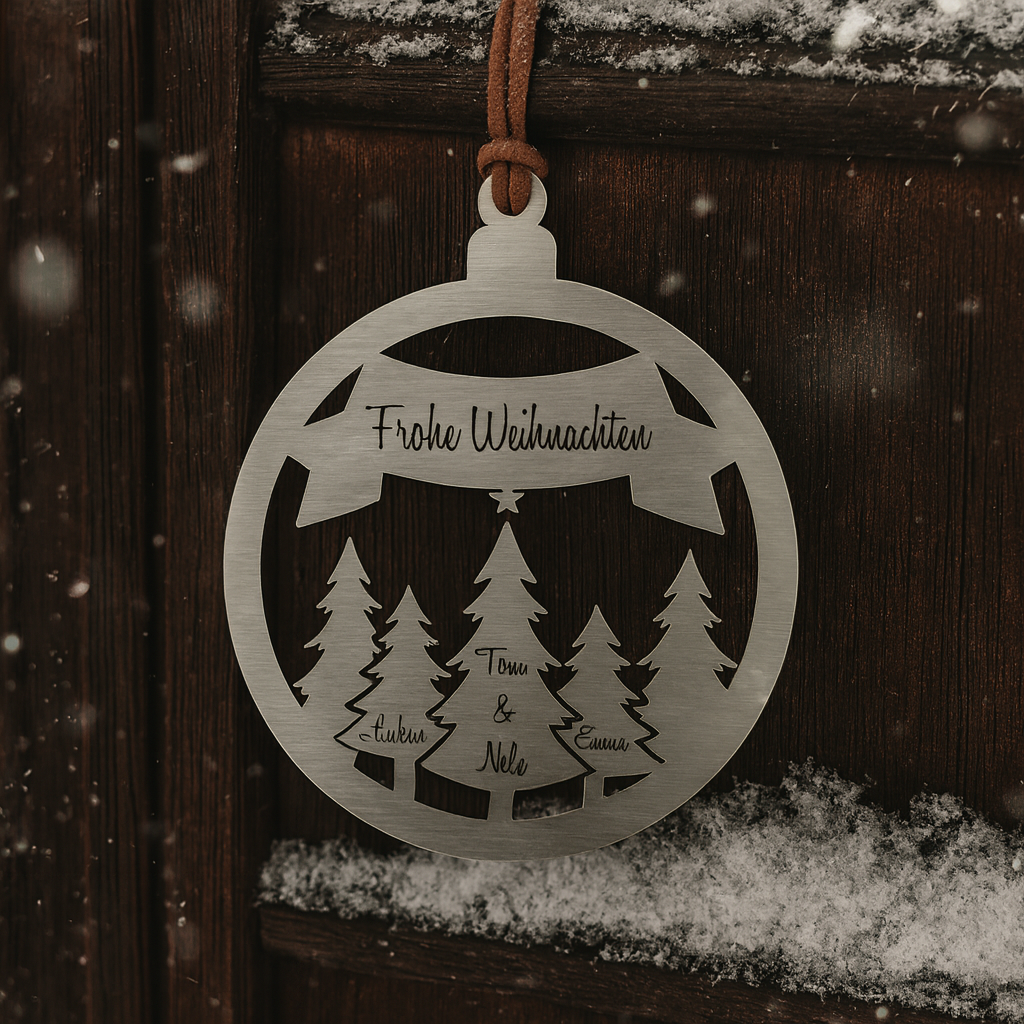 Weihnachtliche Edelstahl-Kugel mit Gravur „Frohe Weihnachten“ und Namen, stilvoll mit Lederband an einer Haustür aufgehängt, umgeben von Schnee.
