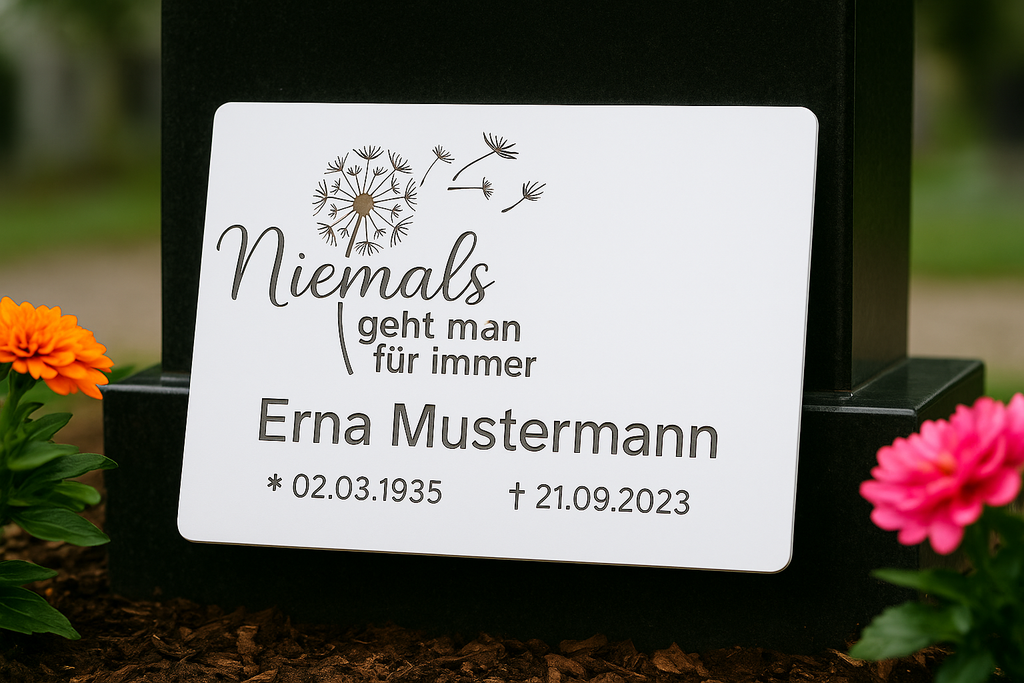 Weiße V2A Gedenktafel mit Laser-Gravur an Marmorplatte auf Friedhof mit Blumen