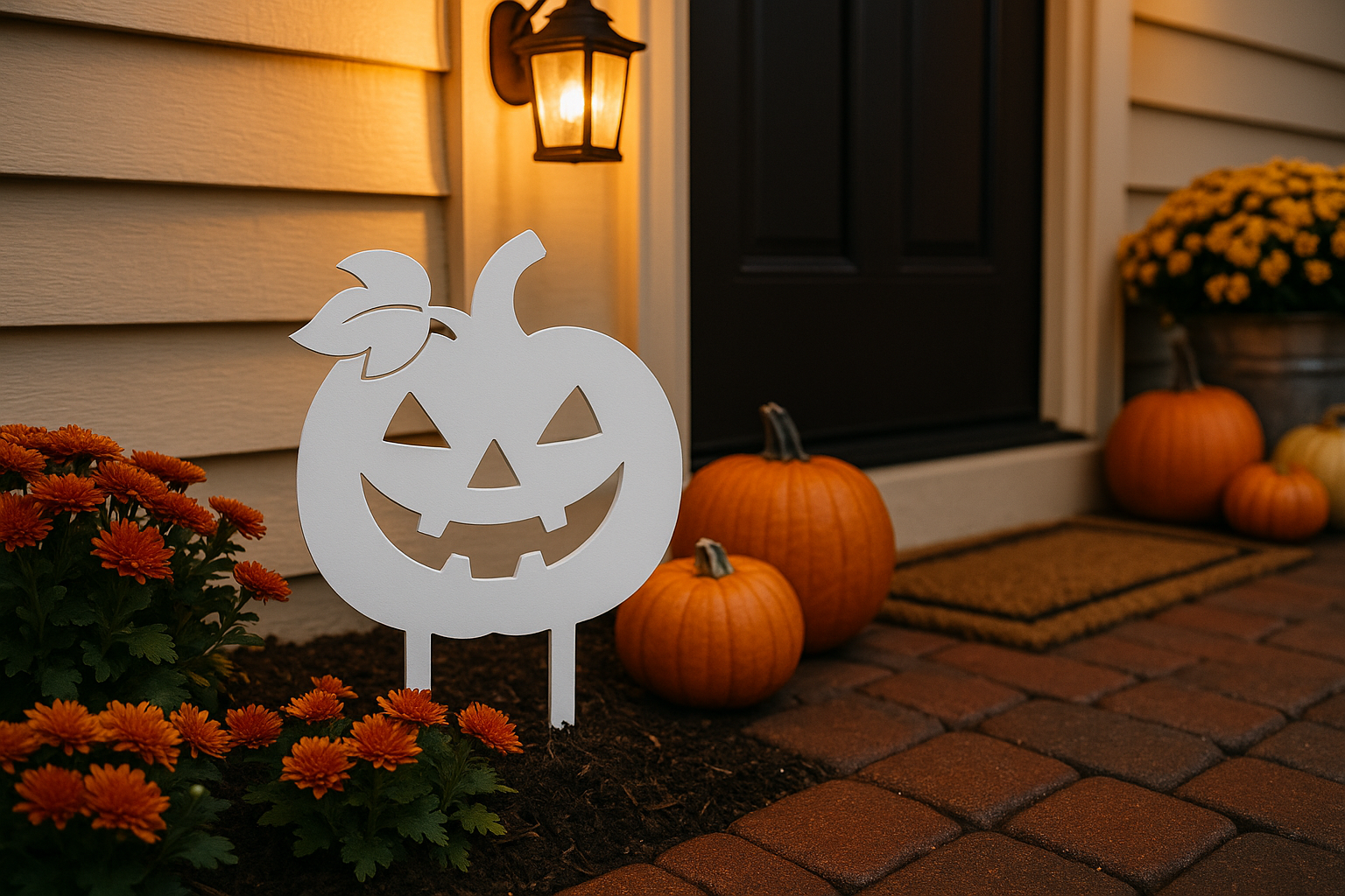Weißer Halloween-Gartenstecker in Kürbisform vor einer Haustür, dekoriert mit Kürbissen und orangefarbenen Chrysanthemen.