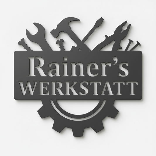 Werkstattschild in Anthrazit, moderne pulverbeschichtete Version mit personalisierbarem Text