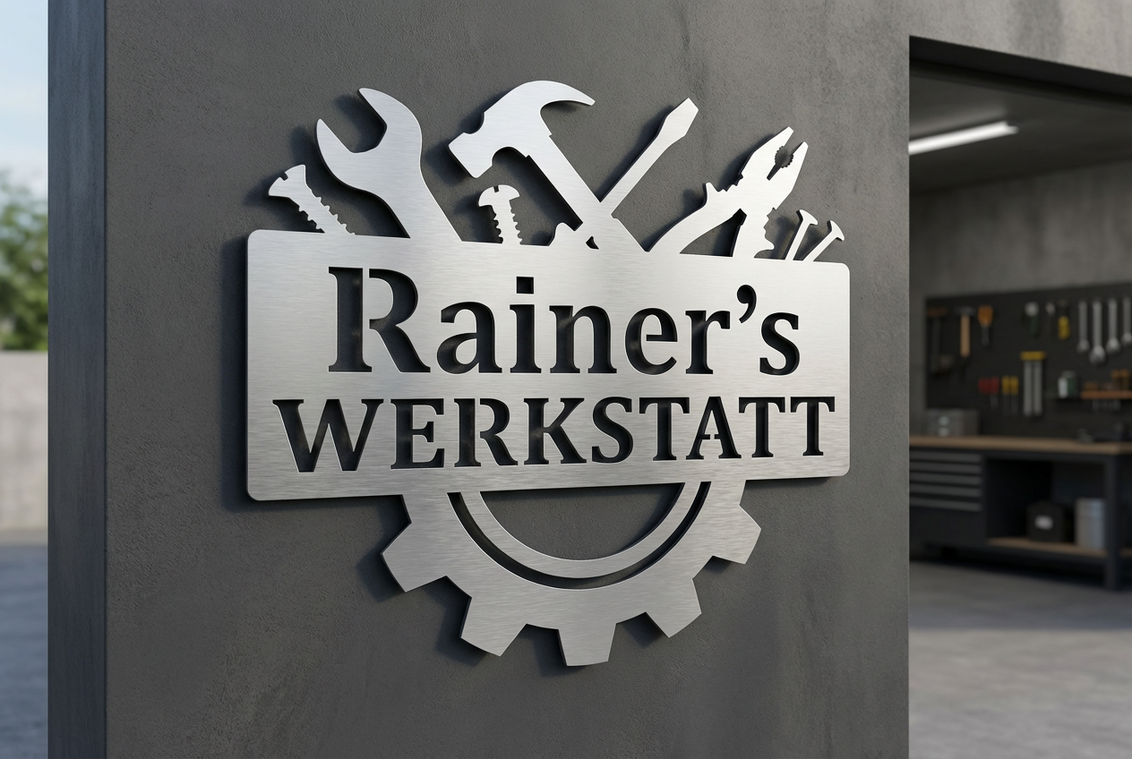 Werkstattschild aus Edelstahl an einer Außenwand montiert, klare Konturen und hochwertiger Look