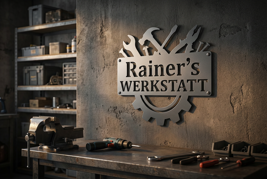 Werkstattschild aus echtem V2A Edelstahl an einer Industriewand montiert, moderne Werkstatt im Hintergrund