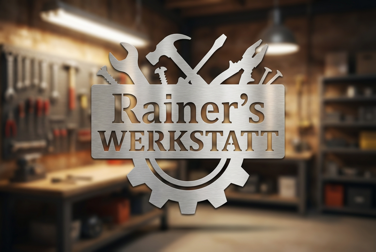 Werkstattschild aus hochwertigem V2A Edelstahl freischwebend vor unscharfer Werkstatt, personalisierbar