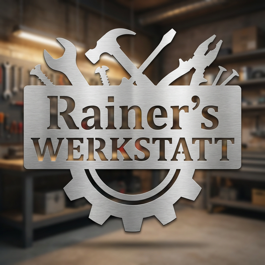 Werkstattschild aus echtem V2A Edelstahl in einer Werkstatt, personalisierbar mit Wunschtext