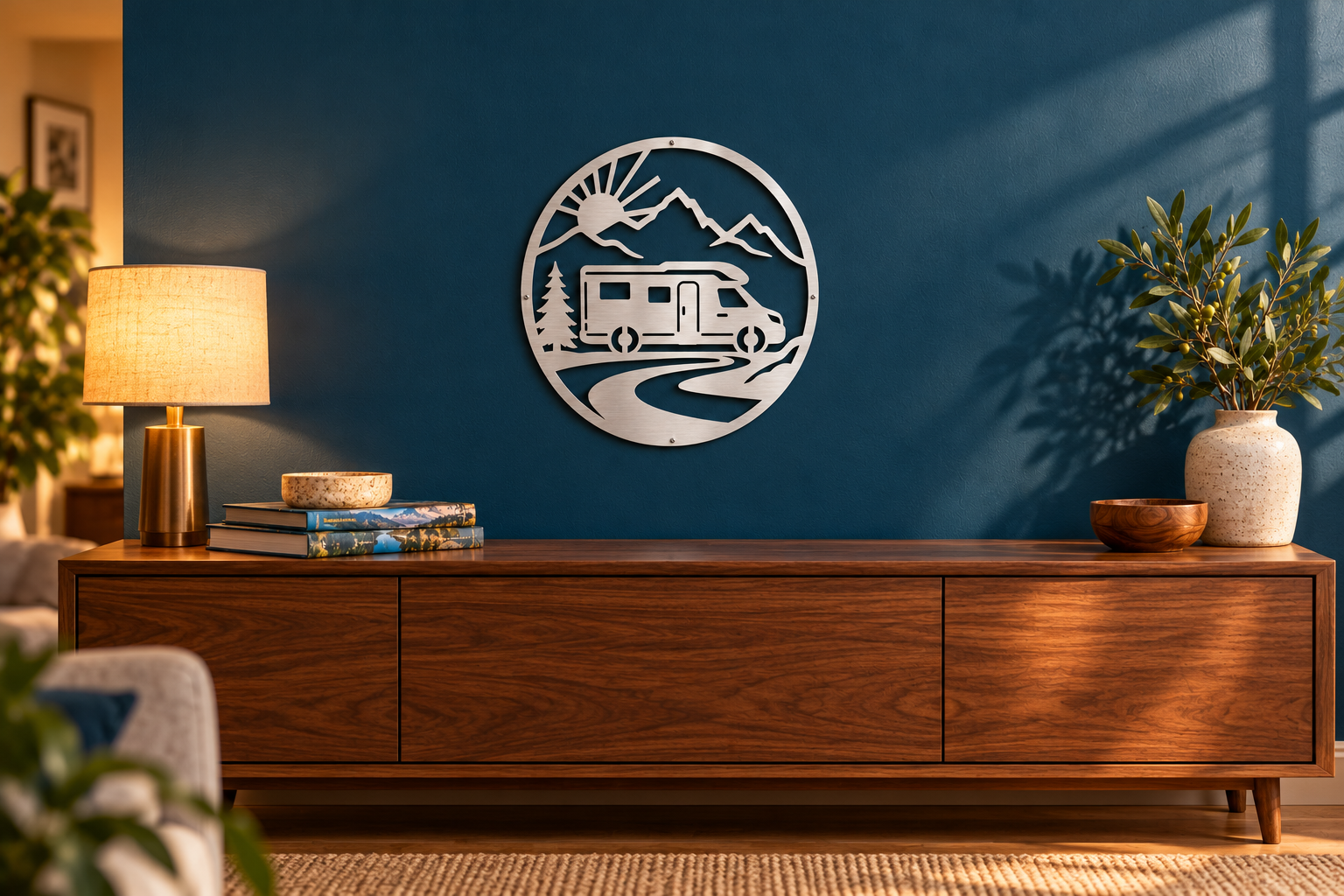 Wohnmobil Wanddeko aus gebürstetem Edelstahl über einem Sideboard im Wohnzimmer – Gestaltungsansicht