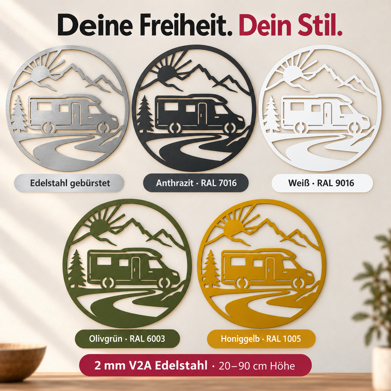 Wohnmobil Wanddeko – Farbübersicht mit Edelstahl, Anthrazit, Weiß, Olivgrün und Honiggelb