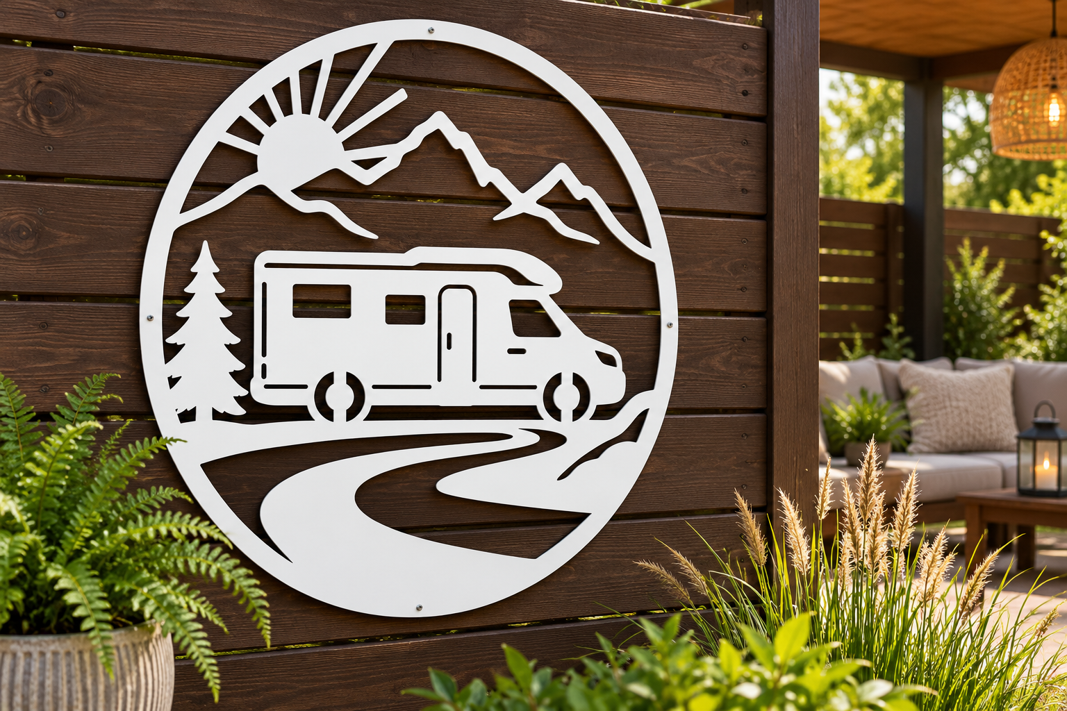Wohnmobil Wanddeko in Weiß am Gartenzaun – Gestaltungsansicht