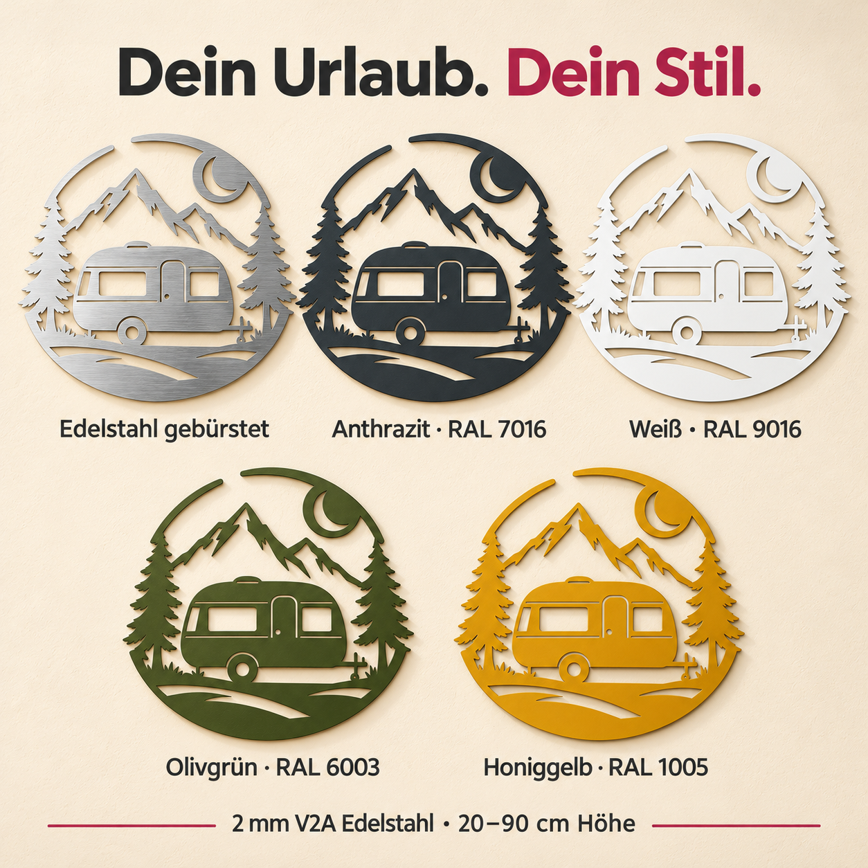 Wohnwagen Wanddeko: Edelstahl, Anthrazit, Weiß, Olivgrün und Honiggelb – Farbübersicht