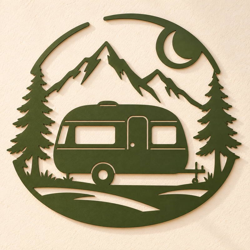 Wohnwagen Wanddeko aus 2 mm V2A Edelstahl – Campingmotiv 20–90 cm