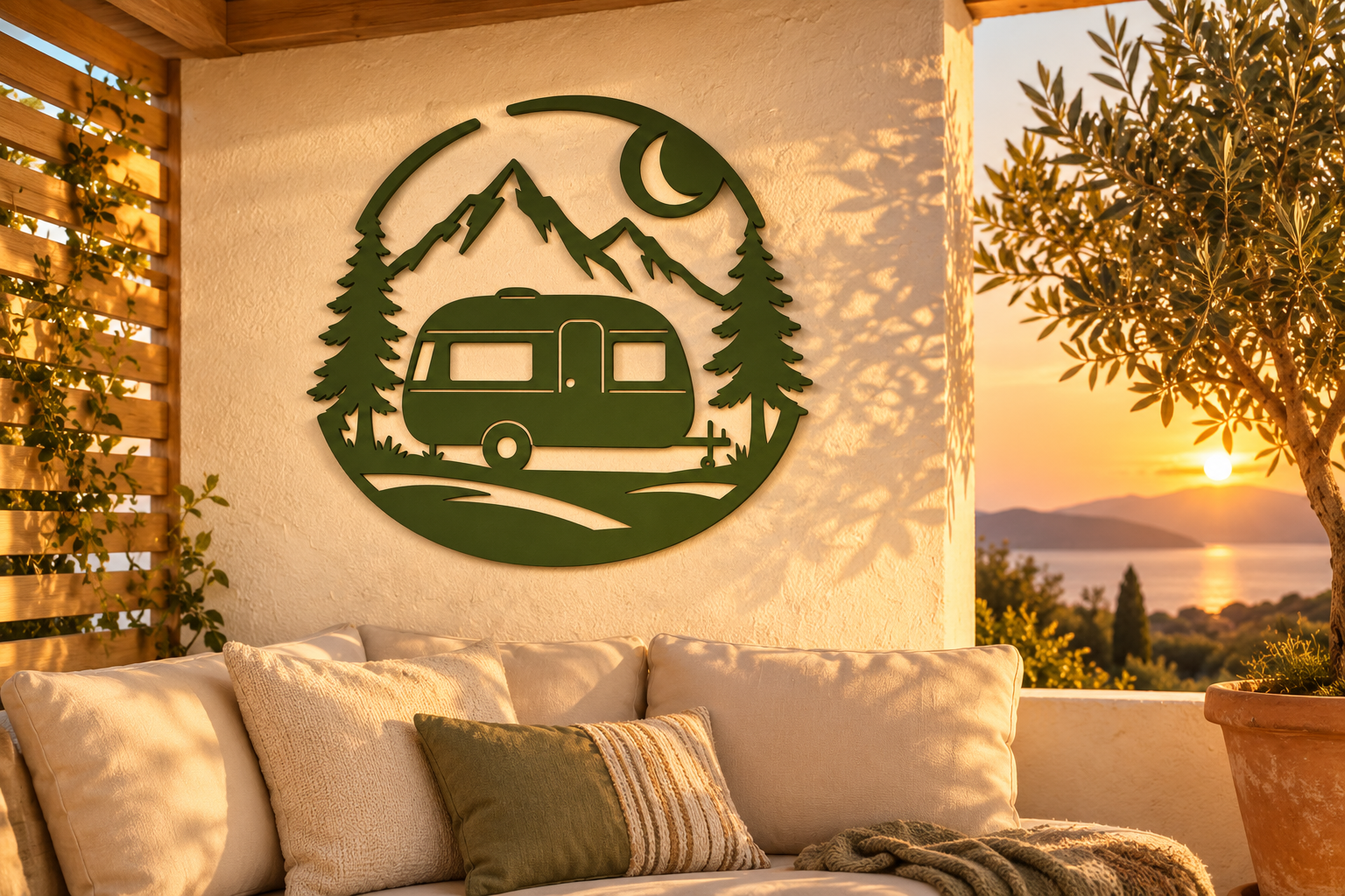 Wohnwagen-Wanddeko in Olivgrün auf einer Terrasse im Abendlicht – Gestaltungsansicht