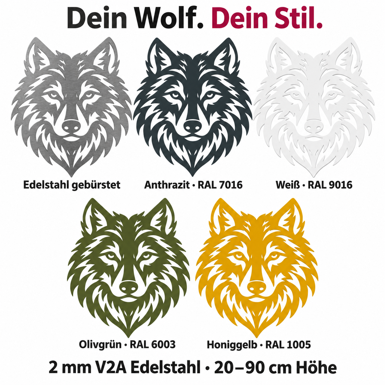 Wolfskopf Wanddeko aus 2 mm V2A Edelstahl – Farbübersicht mit fünf Oberflächen