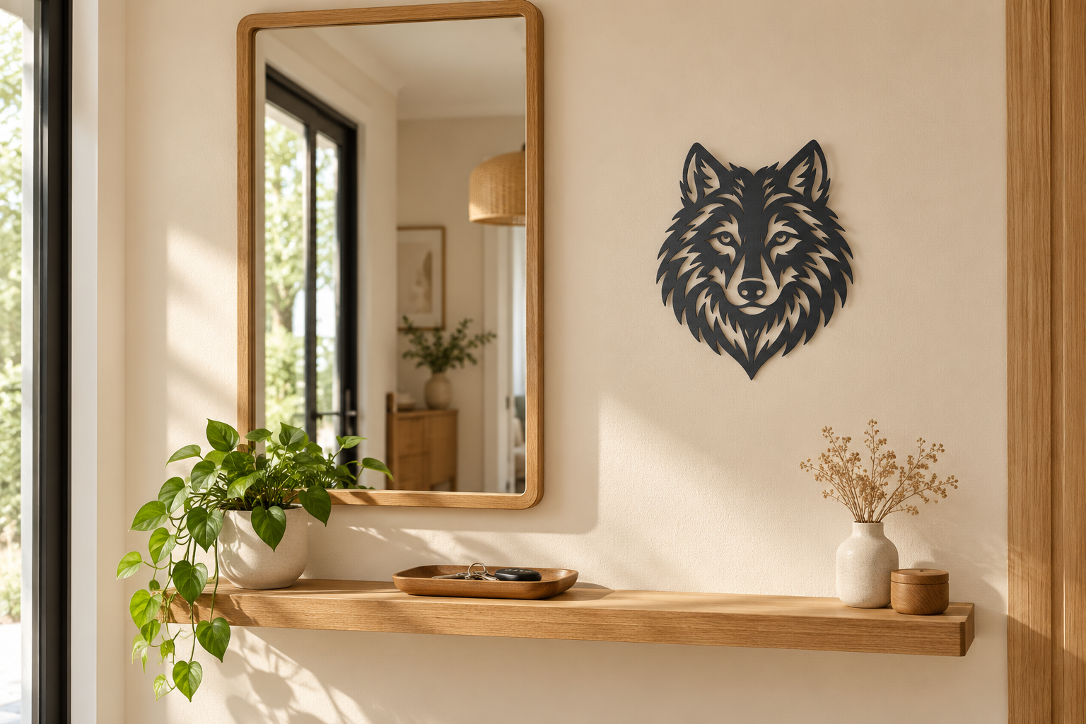 Wolfskopf Wanddeko aus 2 mm V2A Edelstahl – kleine Ausführung im Wohnbereich