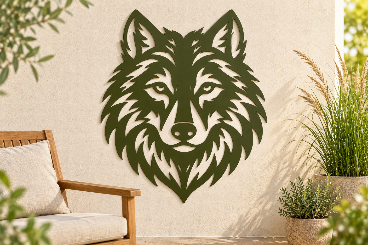 Wolfskopf Wanddeko aus 2 mm V2A Edelstahl – Olivgrün auf der Terrasse
