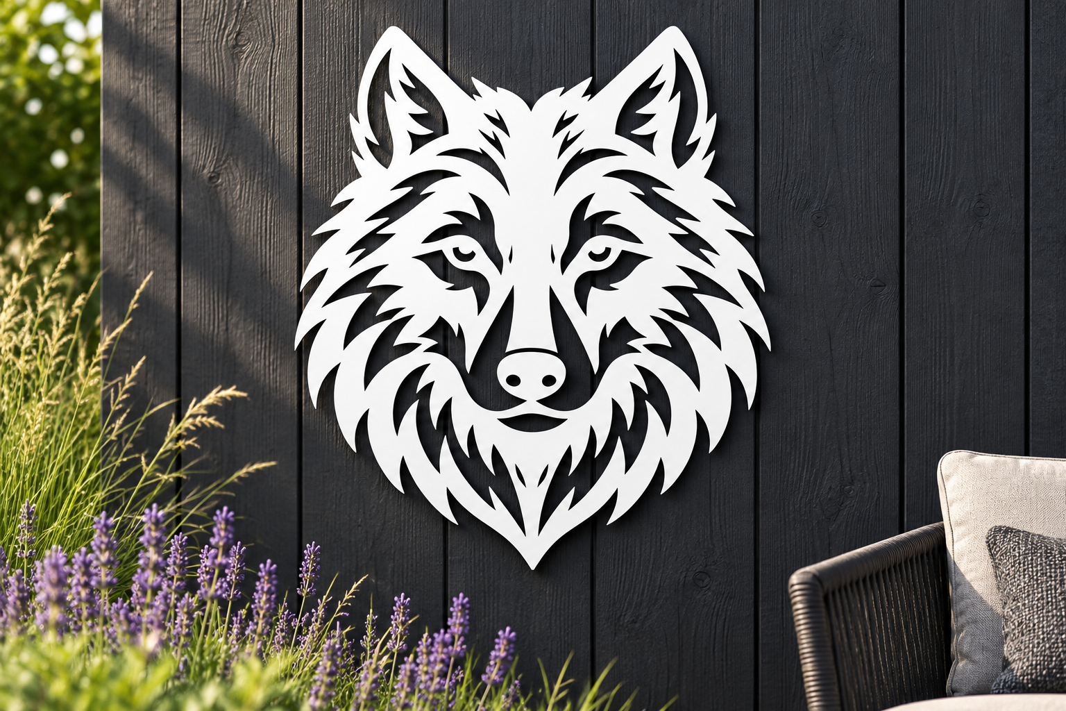 Wolfskopf Wanddeko aus 2 mm V2A Edelstahl – Weiß im Außenbereich