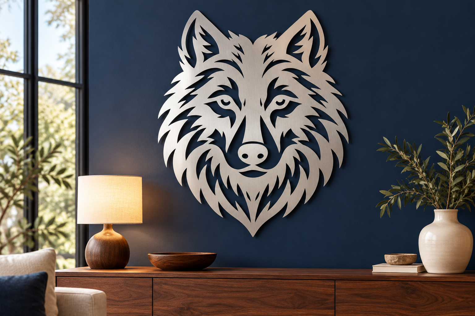 Wolfskopf Wanddeko aus 2 mm V2A Edelstahl – Edelstahl im Wohnbereich