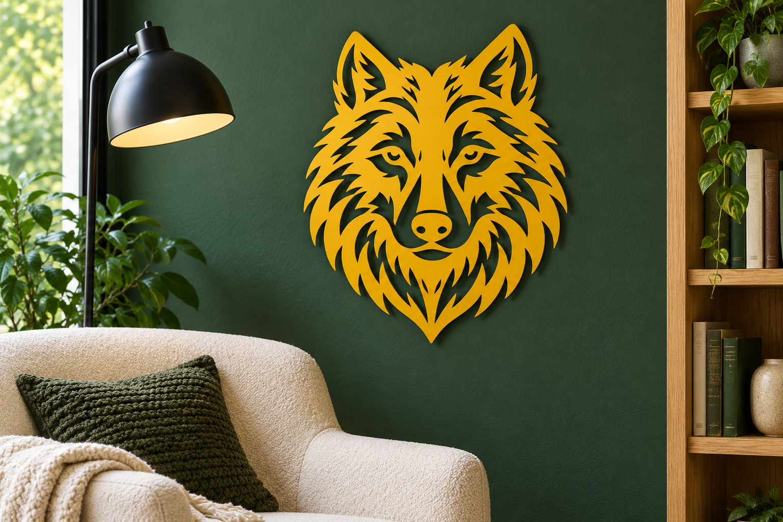 Wolfskopf Wanddeko aus 2 mm V2A Edelstahl – farbige Wohnansicht